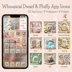 Op de afbeelding: Een telefoonscherm met grillige app-pictogrammen met een dwerg- en pluizig thema. De pictogrammen bevatten apps zoals Agenda, Discord en Spotify. De tekst "Whimsical Dwarf & Fluffy App Icons" staat bovenaan, met "Bloom where you are planted" onderaan.