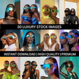 Puede incluir: Una colección de imágenes con modelos que lucen gafas de sol futuristas. Las imágenes muestran una variedad de estilos, incluyendo lentes espejadas y monturas audaces. El texto en la imagen dice "30 LUXURY STOCK IMAGES" y "INSTANT DOWNLOAD | HIGH QUALITY | PREMIUM".