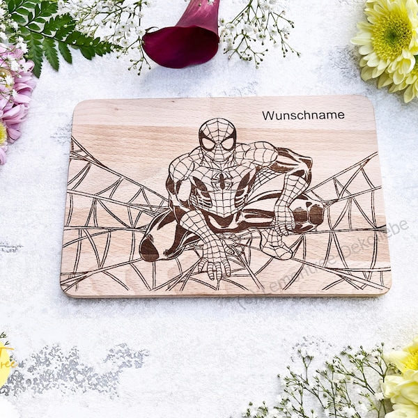 Frühstücksbrettchen "Spiderman" personalisiert, Geschenk zum Geburtstag / Geburt