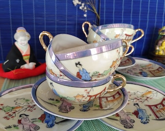 Lot De 6 Tasses Et Soucoupes Vintage - Porcelaine Verte - Fabriqué Au Japon