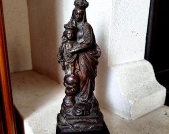 Estatua de Nuestra Señora de las Victorias, Virgen con el Niño Jesús, antigua Francia del siglo XIX en bronce, base de mármol, Altura 23 cm, rara escultura religiosa
