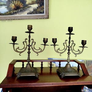 Pair of antique brass candelabras with 3 candle holders on 3 branches, 19th century Italy Baroque style, Height 27 cm, rare art object, luxury decor