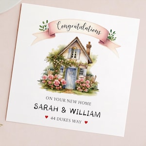 Gepersonaliseerde New Home Card – Custom housewarmingkaart met naam en adres, aquarel huisontwerp