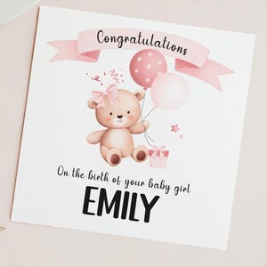 Personalised Baby Girl Card – New Baby Congratulations Card with Name & Message, Pink Teddy Design