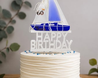 Sailboat Cake topper Personalized, Nautical Birthday Party decor, Custom name age topper, Sailor Ocean Boat Decoration