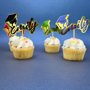 Personalized Graduation Cupcake Topper with Name & Cap. Grad Party Decor. Class of 2025 Set of 4 Graduation Cupcake Toppers with Name