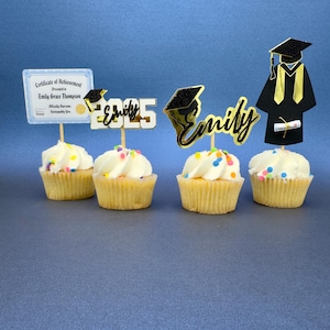 Graduation 2025 Cupcake Toppers | Set of 4 Personalized: Name, Cap, Diploma & Year.  Elegant Graduation Cupcake Toppers. Graduation Party