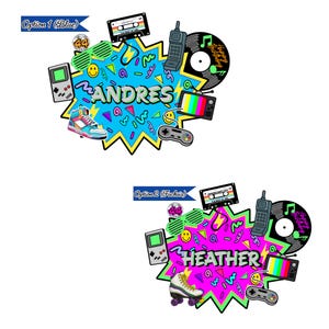 May include: Two 1990s-themed party decorations featuring a central starburst shape with the names ANDRES or HEATHER. Elements include a cassette tape, handheld game console, brick phone, vinyl record, television, controller, and roller skate.