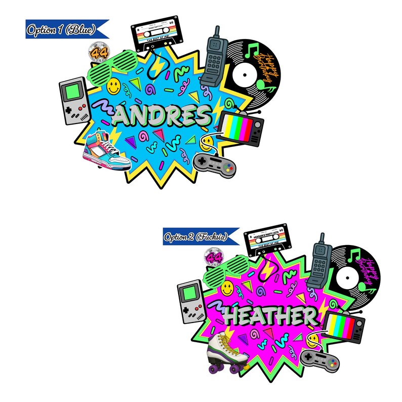 May include: Two 1990s-themed party decorations featuring a central starburst shape with the names ANDRES or HEATHER. Elements include a cassette tape, handheld game console, brick phone, vinyl record, television, controller, and roller skate.