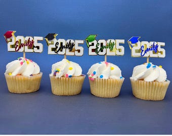 Personalized Graduation Cupcake Toppers 2025 - Custom Name, Glitter Cardstock