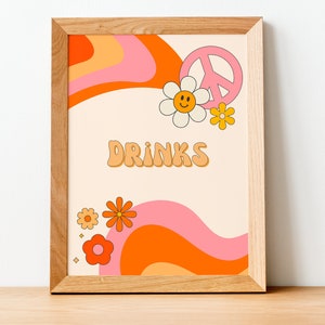 Signo de bebidas Flower Power - Menú de bar retro imprimible de los años 60 y 70 de 8 "x 10" / Descarga instantánea Boho Chic Wedding & Party Decor