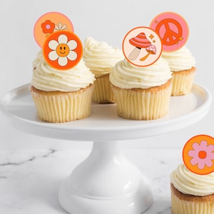 Printable Groovy &#39;60s &#39;70s Flower Power Cake Toppers - Retro Birthday Party Decor, Peace Sign Cupcake Toppers, Digital Download Decorations