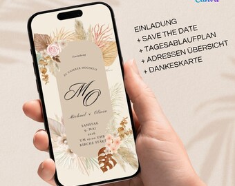 Boho Digital wedding invitation, personalized wedding invitation electronic wedding invitation daily schedule digital, Floral invitation