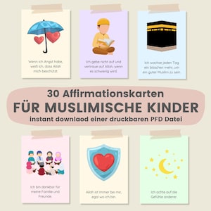 Op de afbeelding: Een verzameling affirmatiekaarten voor moslimkinderen. De kaarten bevatten illustraties van een paraplu met harten, een lezende persoon en de Kaaba. De tekst is in het Duits.