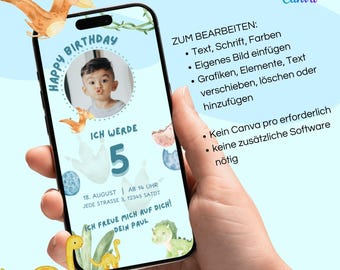 Invitation to children&#39;s birthday party with photo, digital invitation card boy dino, e-card invitation, WhatsApp, template Canva