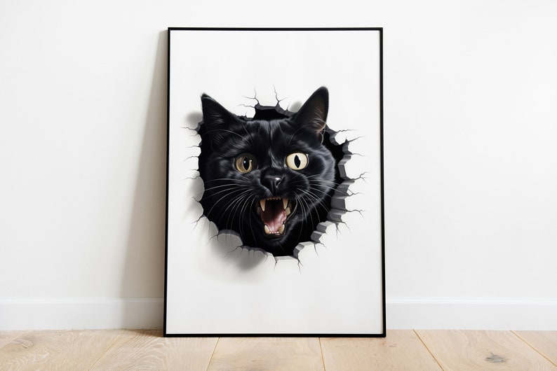 Cat Printable Art, 3D Black Cat Poster, 3D Digital Decor, Cat Portrait ...