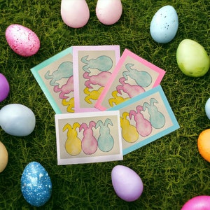 Easter, Bunny, Peeps, Hand Painted Cards Watercolor,  Notecards, Original Art Print, Set of 5, Blank Inside for a Personal Note, Holiday
