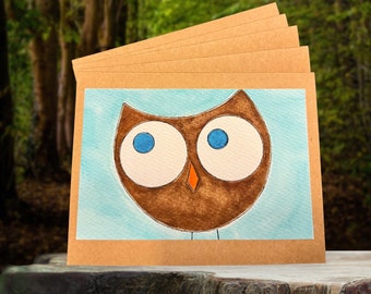 Owl, Whimsical, Spring, Hand Painted Cards Watercolor, Notecards, Original Art Print, Set of 5, Blank Inside for a Personal Note, Holiday