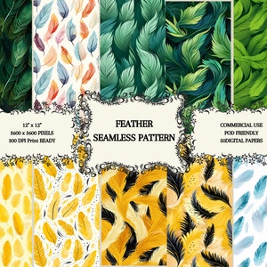 Puede incluir: Un conjunto de 10 patrones de papel digital con varios diseños de plumas. Los patrones incluyen plumas amarillas, azules, verdes y negras sobre fondos blancos. Los papeles miden 30,48 cm por 30,48 cm y tienen una resolución de 300 DPI, lo que los hace adecuados para imprimir.