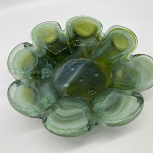 Vintage Slag Glass Decorative Bowl Ashtray Flower Shaped Green and White 8&quot;