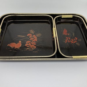 Toyo Japan 3pc Nested Lacquer Serving Tray Set Red Birds and Flowers