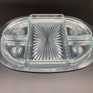 Vintage Mid-Century Oval Glass and Chrome Relish Serving Tray Divided 6-pcs