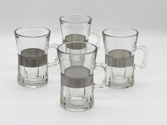 Vintage Danish Modern Glass and Brushed Metal Mug 4-pc Set 8 Oz (c. 1950s)  - Etsy