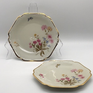 Vintage Mitterteich Bavaria Wildflower Salad Plate Scalloped Edge Gold Trim (2)