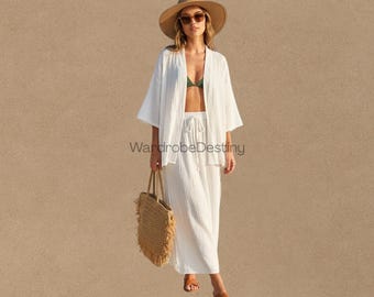 Handgemaakte witte katoenen zomer strandset voor dames | Kimono vest & maxi rok met zijsplit | Resortkleding | Lichtgewicht boho outfit