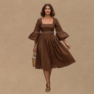 dark brown waist tie midi dress with sleeves Brown Midi Dress with Sleeves