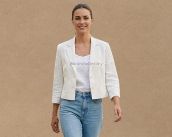 Women’s Handmade White Cropped Cotton Blazer – Lightweight Casual Summer Jacket