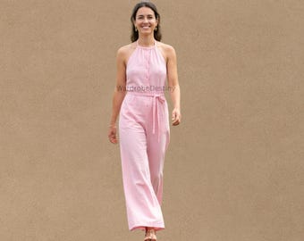 Women Handmade Pink Cotton Halter Neck Jumpsuit Backless, Wide Leg Summer Romper