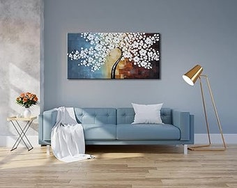 Wieco Art - Blooming life Large Modern Stretched and Framed 100% Hand-painted White Flowers Artwork Floral Oil Paintings on Wall Art