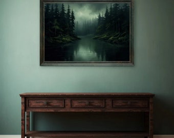 Nature's Tranquil Embrace: Pound Hidden Lake Painting - Moss Green Dark Forest Artwork on Canvas, A Serene Landscape f