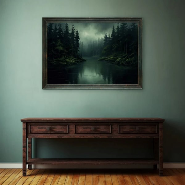 Nature's Tranquil Embrace: Pound Hidden Lake Painting - Moss Green Dark Forest Artwork on Canvas, A Serene Landscape f