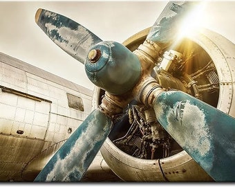 Vintage Airplane Canvas Wall Art for Living Room, Retro Aviation Military Aircraft Propeller Poster Picture Office Wall Décor