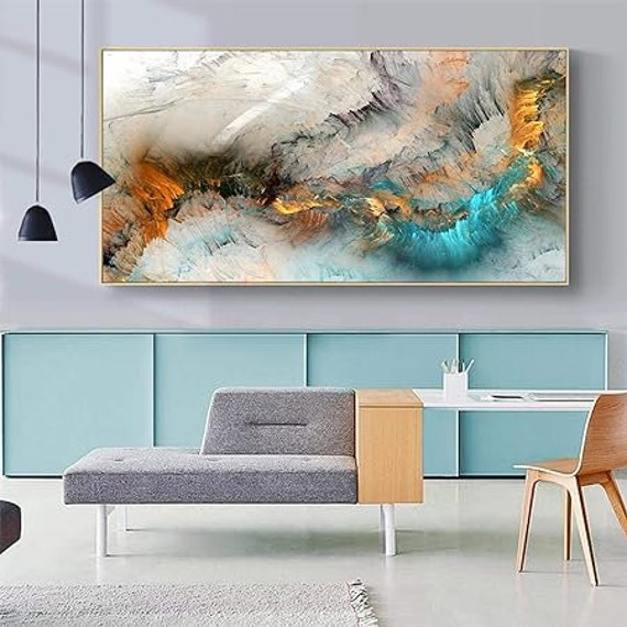 Light Gray Blue Yellow Cloud Abstract Canvas Frames Canvas Painting Wall Art  Print Poster for Living Room Decoration 60x120cm With Frame 