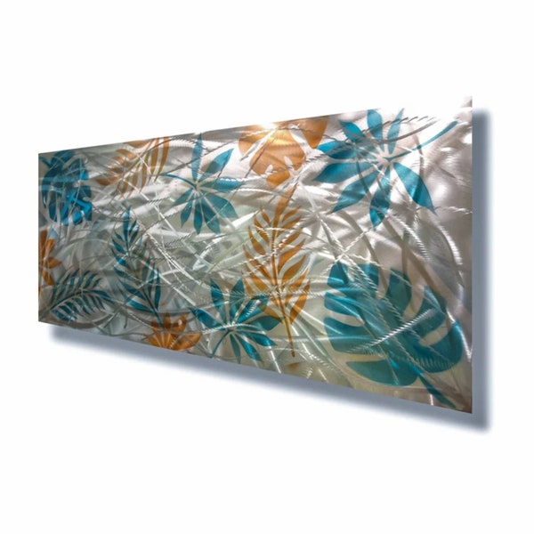 Vibrant Orange Wall Art, Botanical and Tropical Floral Art featuring Palm Leaves and Flowers. Nature-inspired abstract art