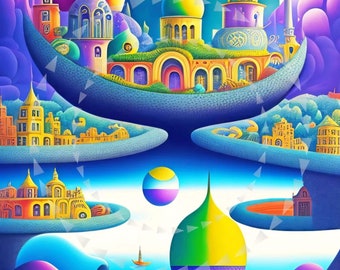 Purple dreams Art about rainbow city, 5-in-1 bundle, Art Deco style, Futuristic design, Vibrant colors, AI digital art,