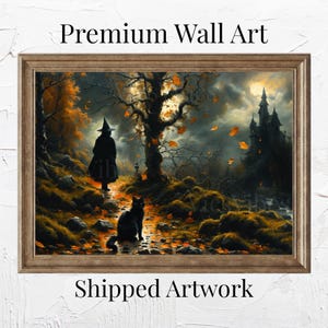 Hexe und schwarze Katze Wand Kunst Gothic Schloss Szene Unheimliche Herbst Landschaft Halloween Rahmen Dekor Spooky Poster Herbstblätter Dark Fantasy