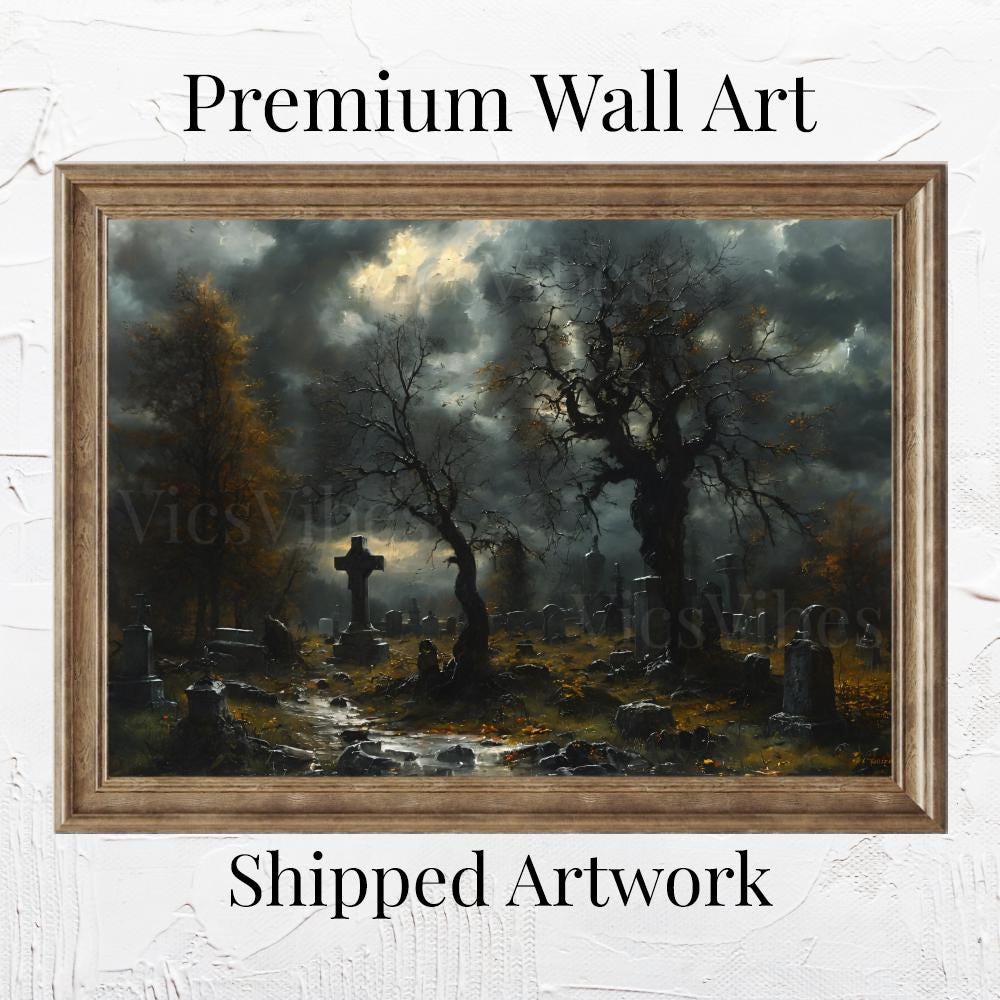 Cemetery Wall Art Eerie Graveyard Scene Stormy Sky Gothic Tombstones Framed Poster Dark Halloween Decor Spooky Fantasy Canvas Print