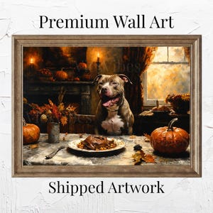 Vintage Hund am Herbst Fest Wand Kunst | Rustikales Herbst Stilleben | Gerahmtes Gemälde | Leinwanddruck Gemütliche ländliche Szene | Pitbull