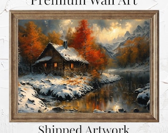 Mountain Cabin Art Print Autumn Landscape Rustic Home Decor Fall Snow Scene Framed or Canvas Cozy Winter Wall Art Mountain Cabin Decor