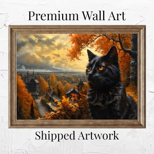 Schwarze Katze Wand Kunst Halloween Herbst Dekor Herbst Blätter Dorf Szene Poster Leinwand gerahmt Mystisch Katze Print Witchy Wohnkultur gemütlich