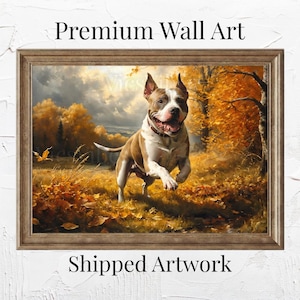 Hunde Wand Kunst Herbst Szene Pitbull Laufende Herbstblätter Poster Leinwand oder gerahmter Druck für Tierliebhaber