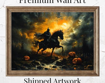 Headless Horseman Wall Art Halloween Gothic Decor Moonlit Scene Poster Canvas Jack-O&#39;-Lanterns Framed Print Spooky Night Spooky Art