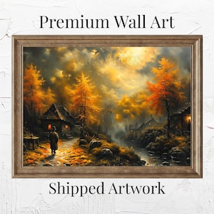 Rustikales Dorf Herbst Cottage Wand Kunst Herbst Landschaft Gruselige Halloween Nacht Poster Leinwand oder gerahmter Kunstdruck