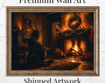 Krampus Christmas Wall Art Snowy Scene Cozy Winter Fireplace Holiday Print Rustic Decor Poster Canvas or Framed Gift for Home