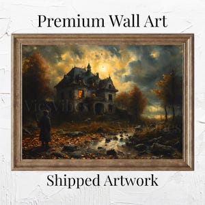Haunted House Wand Kunst Gruselige verlassene Szene leuchtende Fenster gerahmt Halloween Poster Stimmungsvoll Herbst Himmel Dekor Leinwanddruck