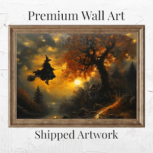 Halloween Hexe Flug - Mystisches Herbst Kunstwerk | Poster | Keilrahmen | Gerahmtes Holzbild